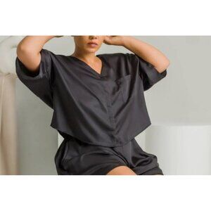 Ettitude luxury bamboo Sateen Short Sleeve Shirt - Onyx XS cropped loungewear